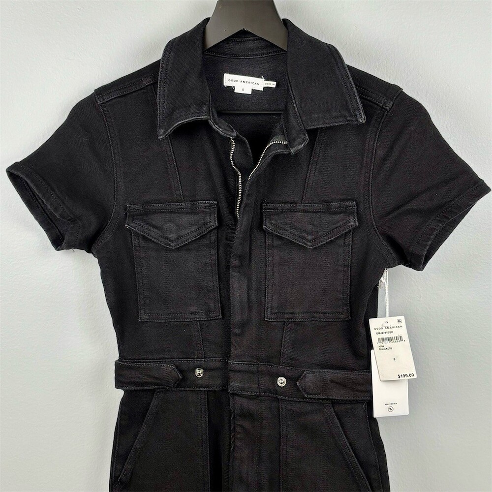 Good American Jumpsuit Womens Black Wash Utility Denim Zip Front - Picture 7 of 12